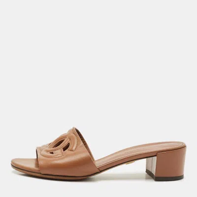 Pre-owned Dolce & Gabbana Brown Leather Dg Bianca Slide Sandals Size 36