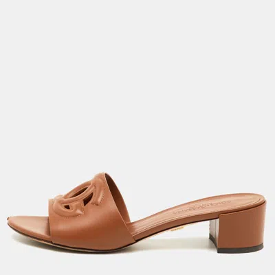 Pre-owned Dolce & Gabbana Brown Leather Dg Cut Out Slide Sandals Size 37.5