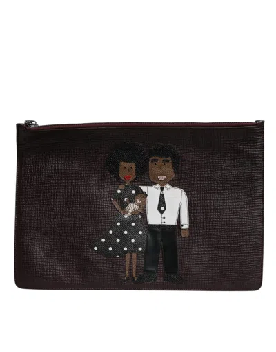 DOLCE & GABBANA BROWN LEATHER #DGFAMILY EMBELLISHED MEN CLUTCH POUCH BAG