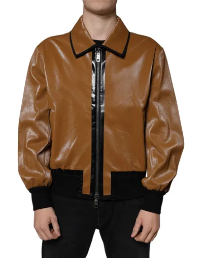 Dolce & Gabbana Brown Leather Full Zip Men Bomber Men's Jacket