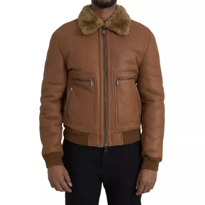 Pre-owned Dolce & Gabbana Brown Leather Fur Button Biker Coat Men's Jacket ()
