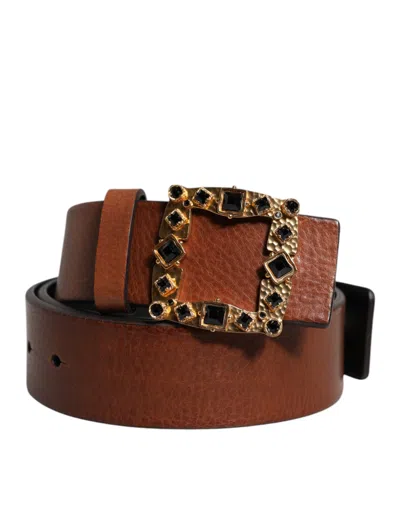 Pre-owned Dolce & Gabbana Brown Leather Gold Crystal Buckle Men's Belt ()