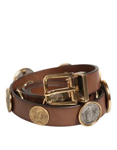 Dolce & Gabbana Brown Leather Gold Silver Coin Buckle Men's Belt
