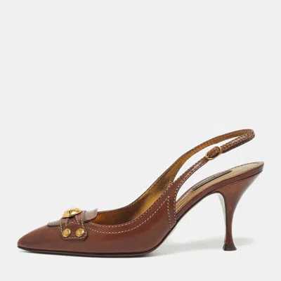 Pre-owned Dolce & Gabbana Brown Leather Logo Pointed Toe Slingback Pumps Size 38
