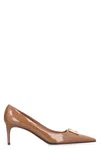 DOLCE & GABBANA BROWN LEATHER POINTY TOE PUMPS WITH FRONT CUT-OUT DETAIL AND STILETTO HEELS FOR WOMEN