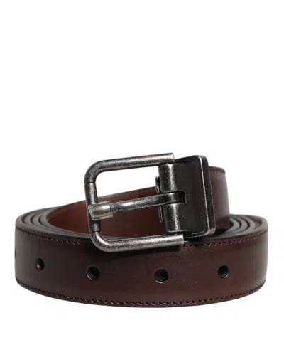 Dolce & Gabbana Brown Leather Silver Metal Buckle Men's Belt