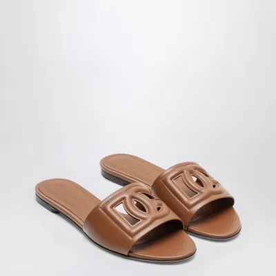 DOLCE & GABBANA BROWN LEATHER SLIDES WITH DG LOGO