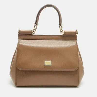Pre-owned Dolce & Gabbana Brown Leather Small Miss Sicily Top Handle Bag