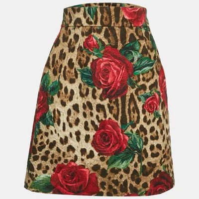 Pre-owned Dolce & Gabbana Brown Leopard And Rose Print Jacquard Mini Skirt S