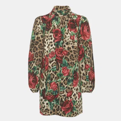 Pre-owned Dolce & Gabbana Brown Leopard & Rose Print Silk Mini Dress Xs