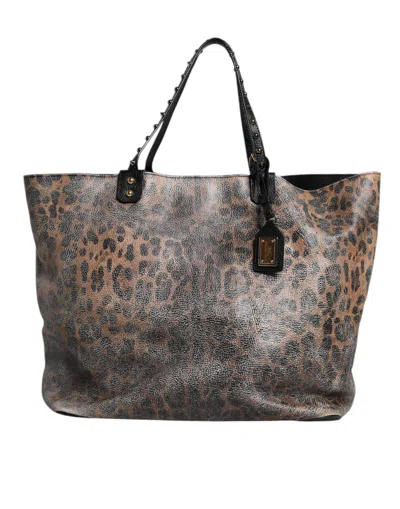 Pre-owned Dolce & Gabbana Brown Leopard Beatrice Leather Logo Plaque Tote Women's Bag ()