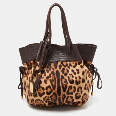 Pre-owned Dolce & Gabbana Brown Leopard Calf Hair And Leather Drawstring Hobo