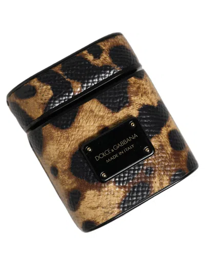 Dolce & Gabbana Brown Leopard Calf Leather Metal Logo Plaque Airpods Case Accessory