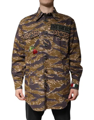 Dolce & Gabbana Brown Leopard Cotton Collared Coat Men's Jacket