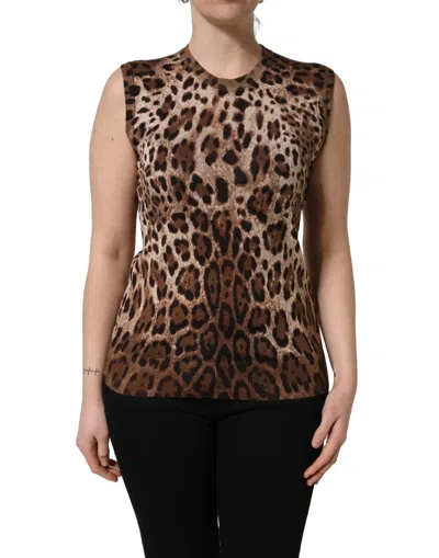 Dolce & Gabbana Brown Leopard Crew Neck Sleeveless Tank Women's Top