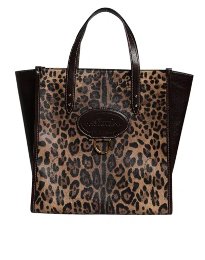 Dolce & Gabbana Brown Leopard Leather Shoulder Strap Tote Women's Bag