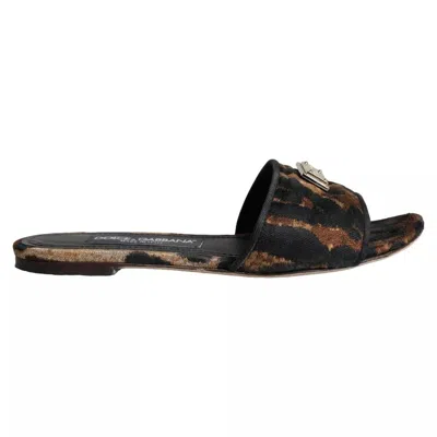 Pre-owned Dolce & Gabbana Brown Leopard Logo Slides Flats Sandals Women's Shoes ()