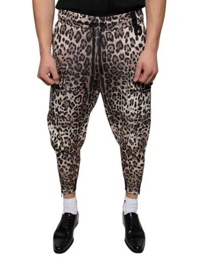 Dolce & Gabbana Brown Leopard Polyester Jogger Men's Pants In Multicolor