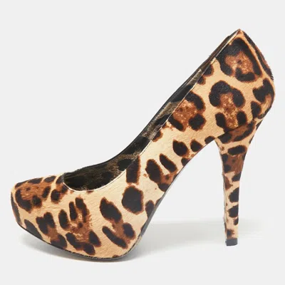 Pre-owned Dolce & Gabbana Brown Leopard Print Calf Hair Platform Pumps Size 37