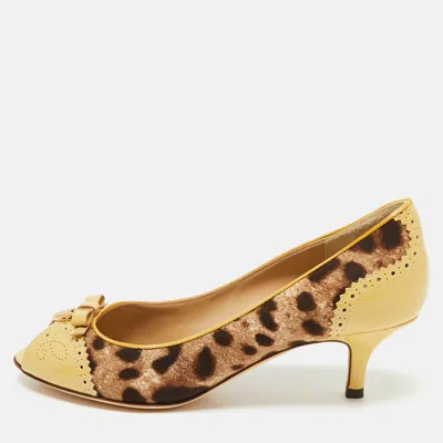 Pre-owned Dolce & Gabbana Brown Leopard Print Canvas Patent Leather Peep Toe Pumps Size 36