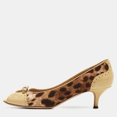 Pre-owned Dolce & Gabbana Brown Leopard Print Canvas Patent Leather Peep Toe Pumps Size 39