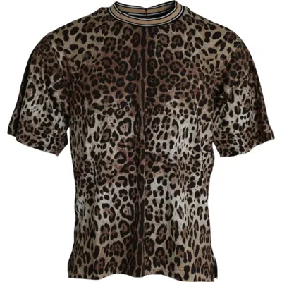Dolce & Gabbana Brown Leopard Print Cotton Crew Neck T-shirt In Animal Print
