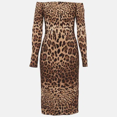 Pre-owned Dolce & Gabbana Brown Leopard Print Crepe Off-shoulder Midi Dress M