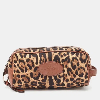 Pre-owned Dolce & Gabbana Brown Leopard Print Fabric And Leather Cosmetic Pouch
