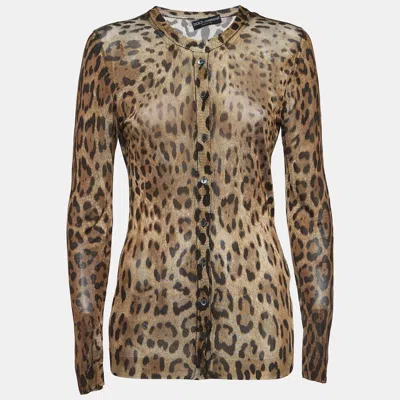 Pre-owned Dolce & Gabbana Brown Leopard Print Jersey Buttoned Cardigan S