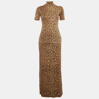Pre-owned Dolce & Gabbana Brown Leopard Print Jersey Top & Skirt Set S/m