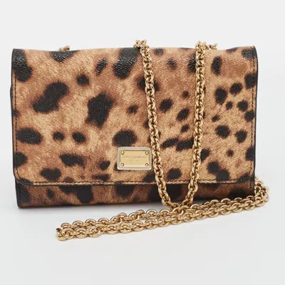 Pre-owned Dolce & Gabbana Brown Leopard Print Leather Trifold Wallet On Chain