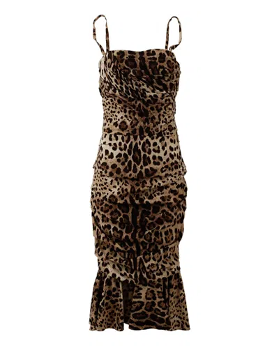 Dolce & Gabbana Brown Leopard Print Ruched Midi Women's Dress In Animal Print