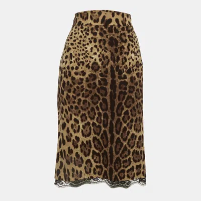 Pre-owned Dolce & Gabbana Brown Leopard Print Silk Lace Detail Midi Skirt L