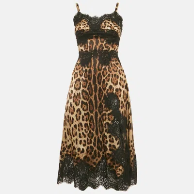 Pre-owned Dolce & Gabbana Brown Leopard Print Silk Lace Detail Strappy Dress Xs