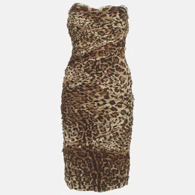 Pre-owned Dolce & Gabbana Brown Leopard Print Silk Ruched Strapless Dress M