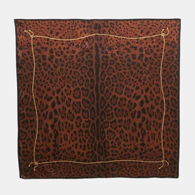 Pre-owned Dolce & Gabbana Brown Leopard Print Silk Satin Scarf