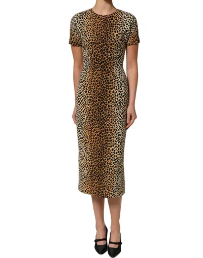 Dolce & Gabbana Brown Leopard Print Silk Sheath Midi Dress In Black