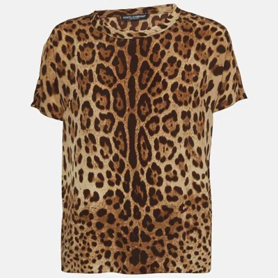 Pre-owned Dolce & Gabbana Brown Leopard Print Silk T-shirt M