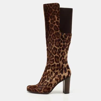 Pre-owned Dolce & Gabbana Brown Leopard Print Suede Knee Length Boots Size 40