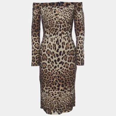 Pre-owned Dolce & Gabbana Brown Leopard Print Wool Off The Shoulder Dress S