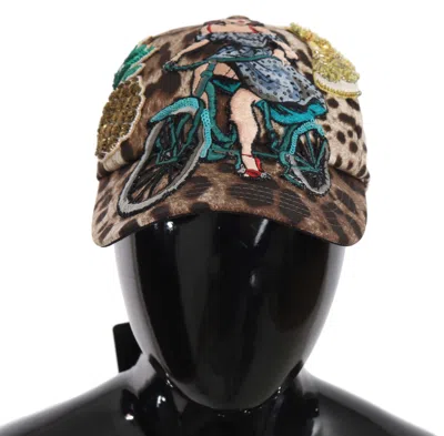 DOLCE & GABBANA DOLCE & GABBANA BROWN LEOPARD SEQUIN SICILY APPLIQUE BASEBALL WOMEN'S HAT