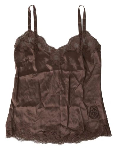 DOLCE & GABBANA BROWN LOGO SILK SLEEPWEAR CAMISOLE TOP UNDERWEAR