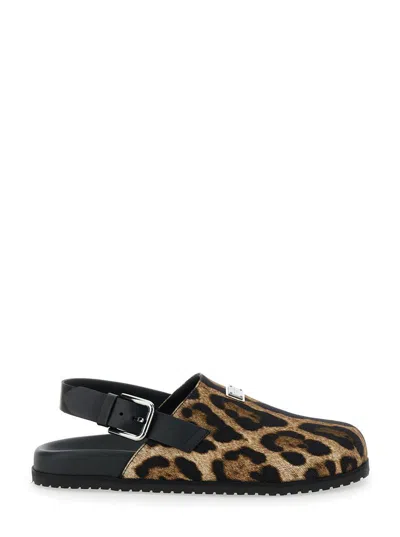 DOLCE & GABBANA BROWN MULES WITH LOGO PLAQUE ON THE FRONT AND LEOPARD MOTIF