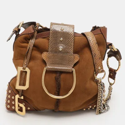 Pre-owned Dolce & Gabbana Brown Nubuck Leather And Snakeskin Studded Shoulder Bag