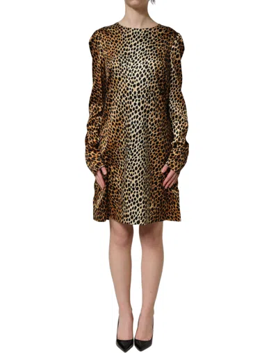 Dolce & Gabbana Brown Ocelot Print Long Sleeve Mini Women's Dress