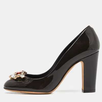 Pre-owned Dolce & Gabbana Brown Patent Leather Crystal Embellished Block Heel Pumps Size 37