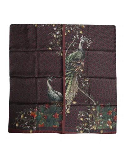 Pre-owned Dolce & Gabbana Brown Peacock Print Square Men Foulard Men's Scarf ()