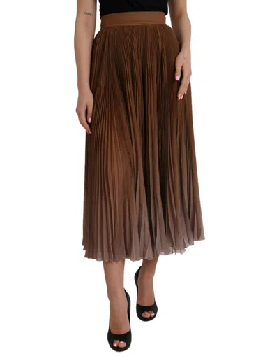 DOLCE & GABBANA DOLCE & GABBANA BROWN POLYESTER PLEATED HIGH WAIST MIDI WOMEN'S SKIRT