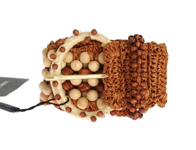 Dolce & Gabbana Brown Raffia Wood Beaded Wide Waist Women's Belt