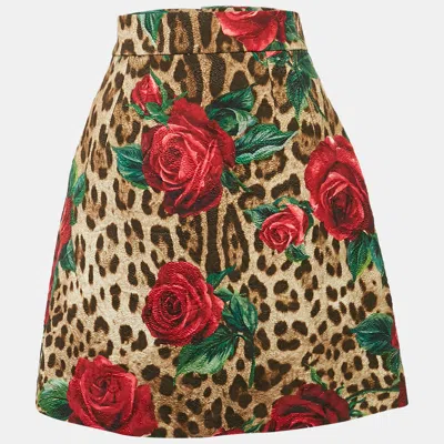 Pre-owned Dolce & Gabbana Brown Rose And Leopard Print Jacquard Mini Skirt S